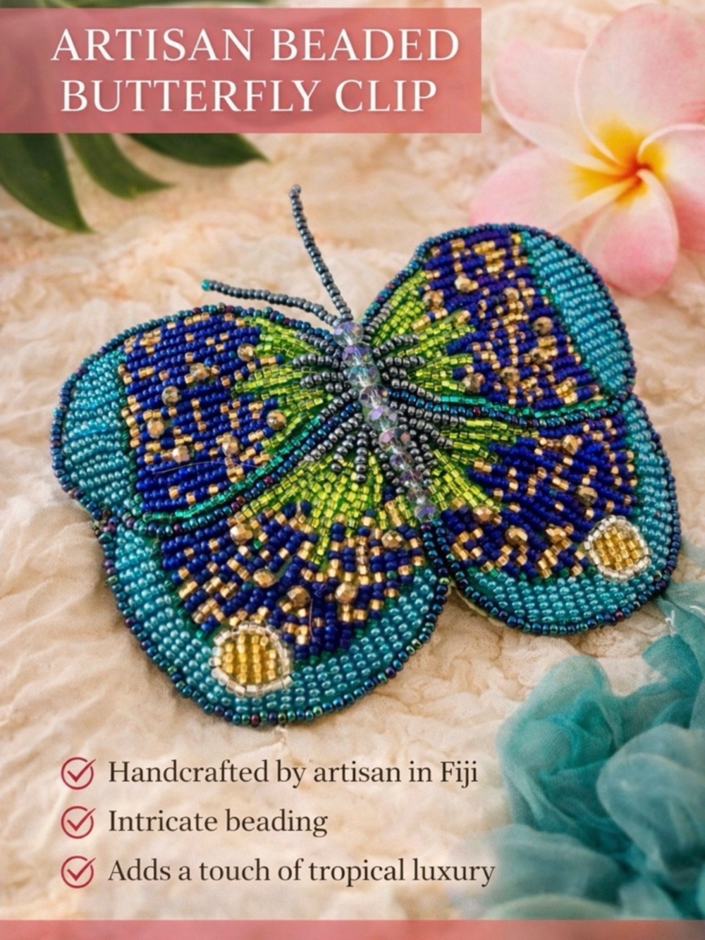 Beaded Butterfly Hair Clip Blue Green | Handmade Artisan Boho Hair Accessory